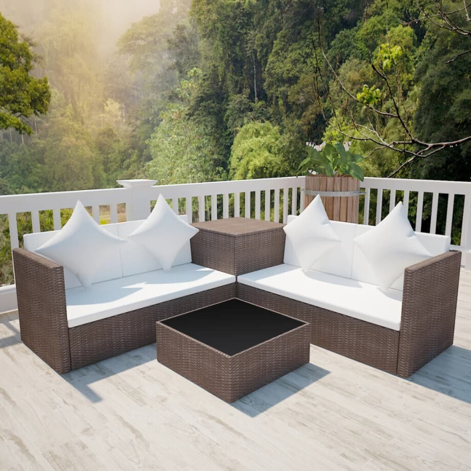 vidaXL 4-delige Loungeset met kussens poly rattan bruin afbeelding 1
