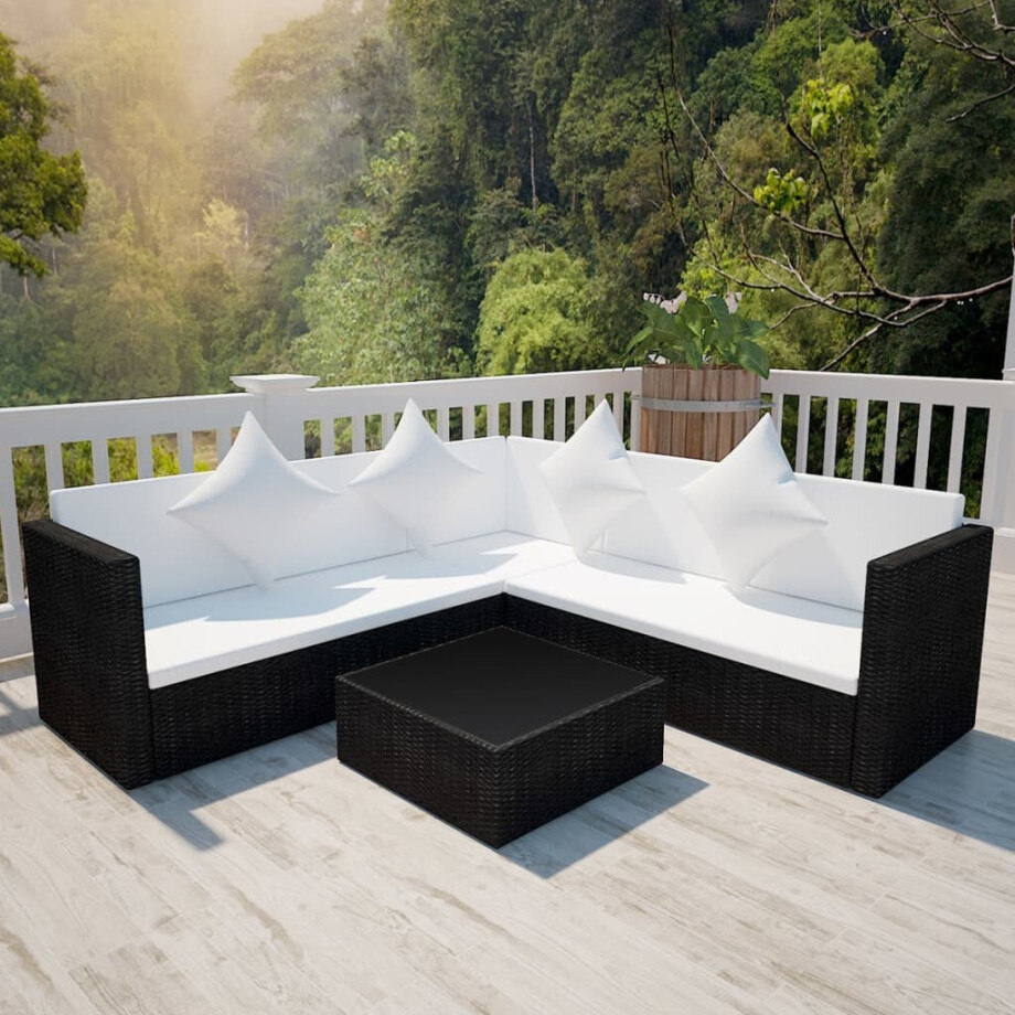 vidaXL 4-delige Loungeset met kussens poly rattan zwart afbeelding 1