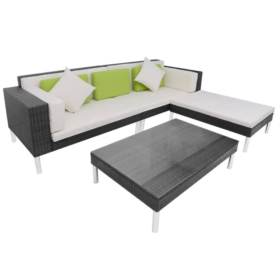 vidaXL 4-delige Loungeset met kussens poly rattan zwart afbeelding 1