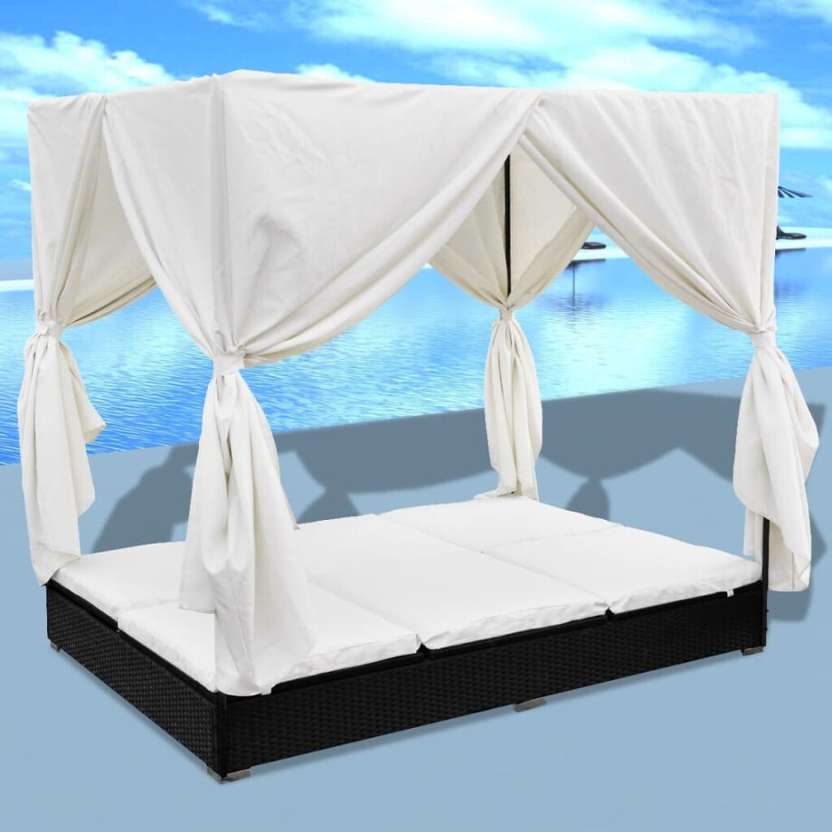 vidaXL Loungebed met gordijnen poly rattan zwart afbeelding 1