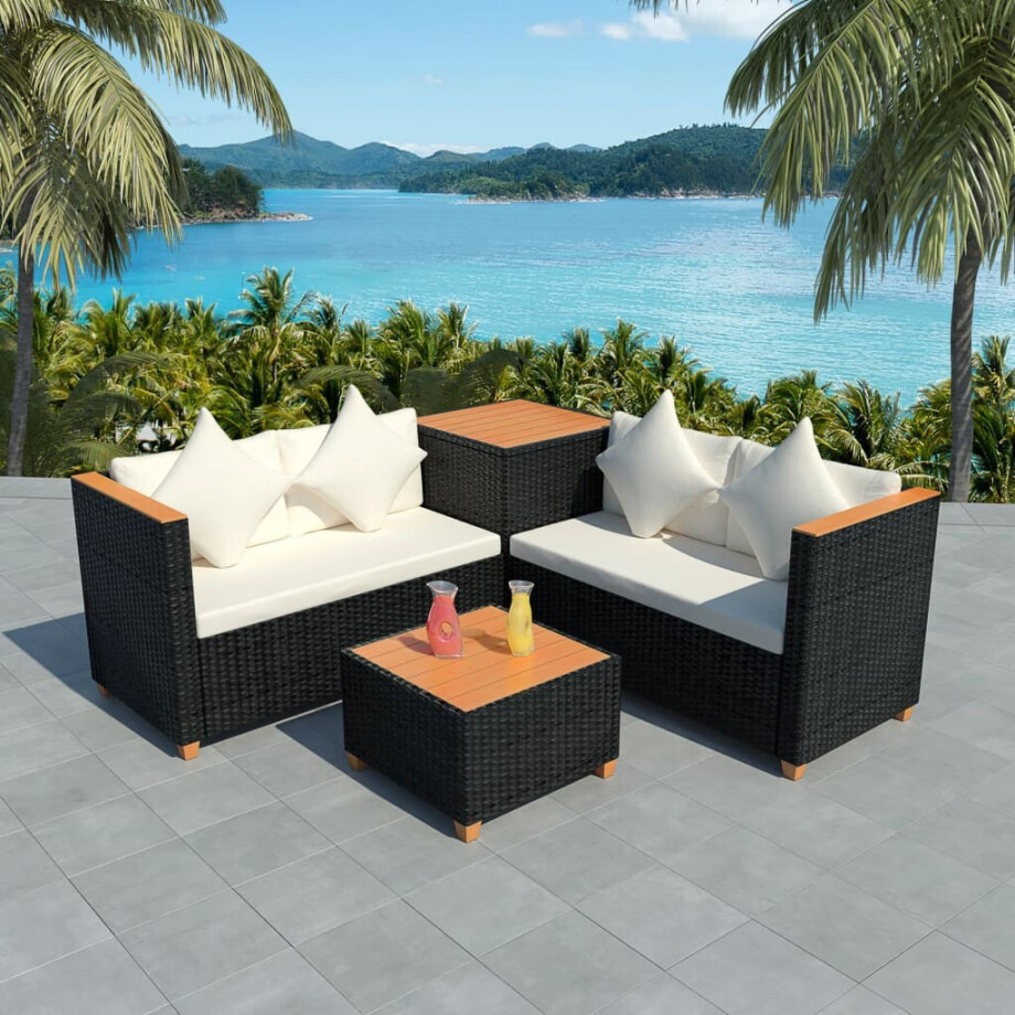 vidaXL 4-delige Loungeset met kussens poly rattan zwart vidaXL 4-delige Loungeset met kussens poly rattan zwart afbeelding 1