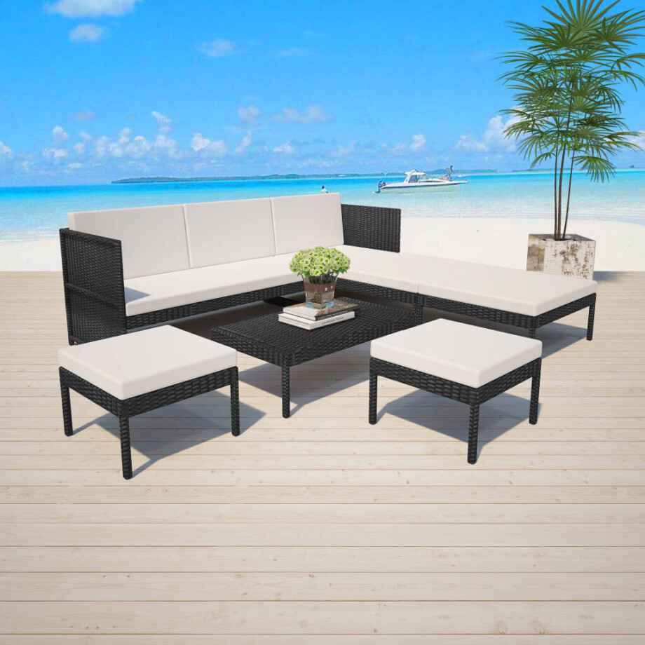 vidaXL 6-delige Loungeset met kussens poly rattan zwart afbeelding 1