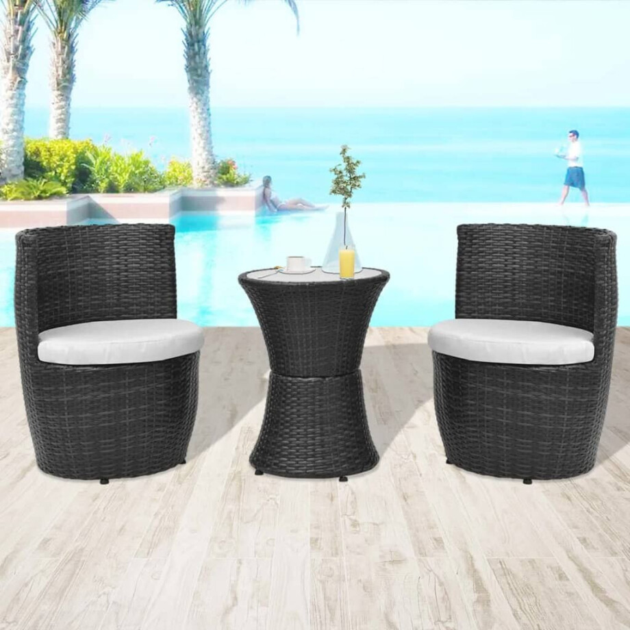 vidaXL 3-delige Bistroset met kussens poly rattan zwart afbeelding 1