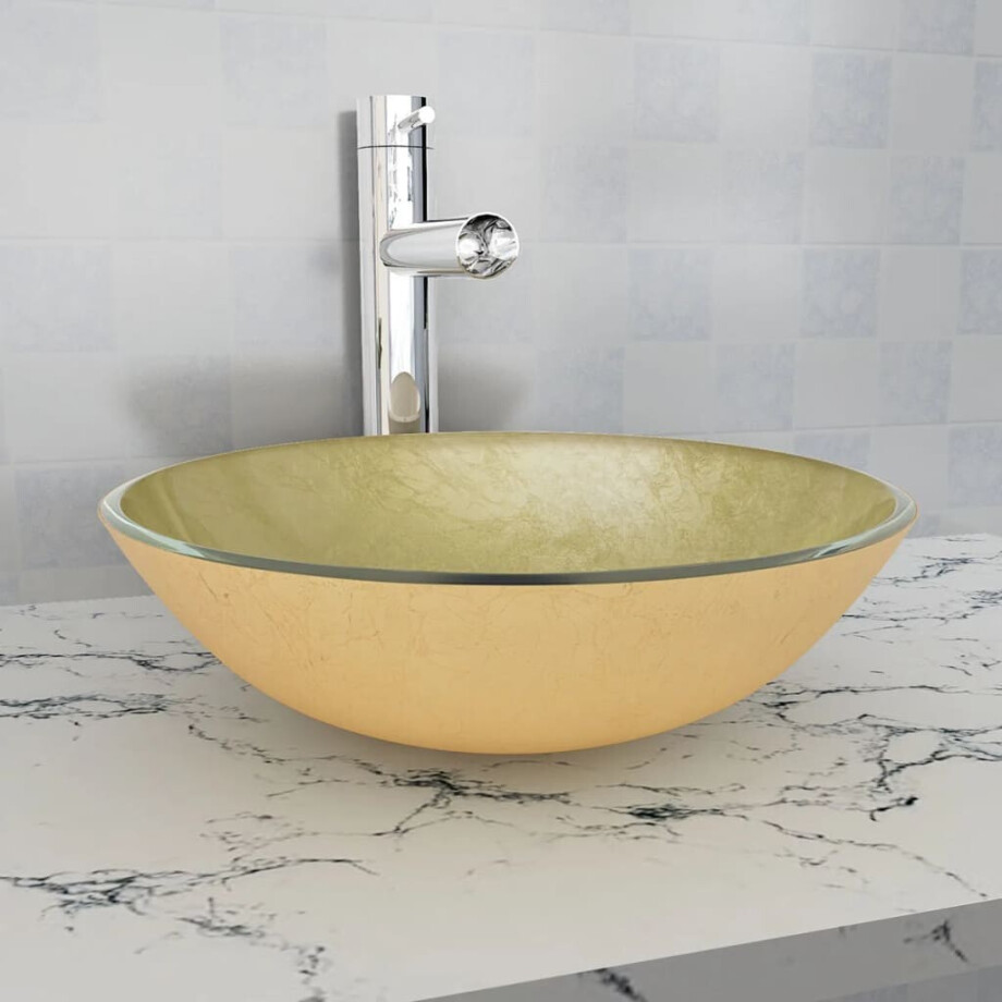 vidaXL Wasbak gehard glas 42 cm goud vidaXL Wasbak gehard glas 42 cm goud afbeelding 1