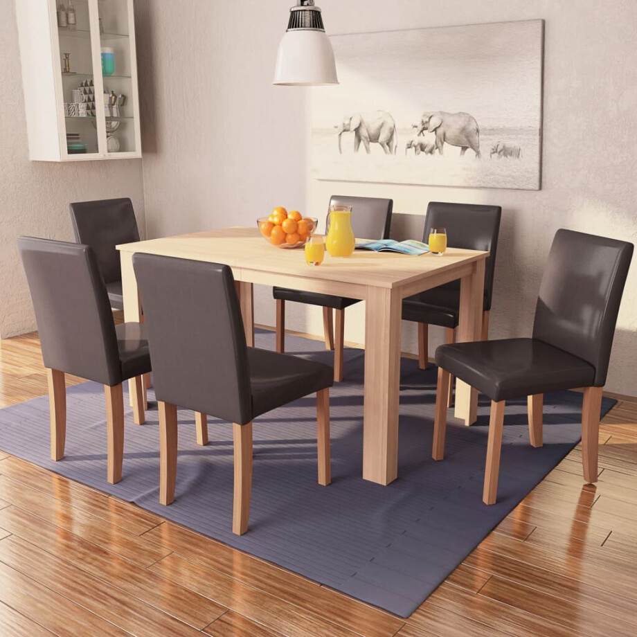 vidaXL Eettafel met stoelen kunstleer en eikenhout bruin 7 st afbeelding 1