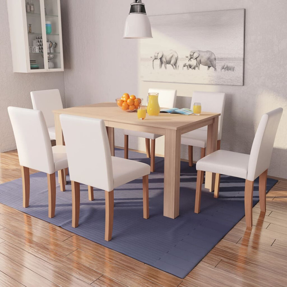 vidaXL Eettafel met stoelen kunstleer en eikenhout crème 7-delig vidaXL Eettafel met stoelen kunstleer en eikenhout crème 7-delig afbeelding 1