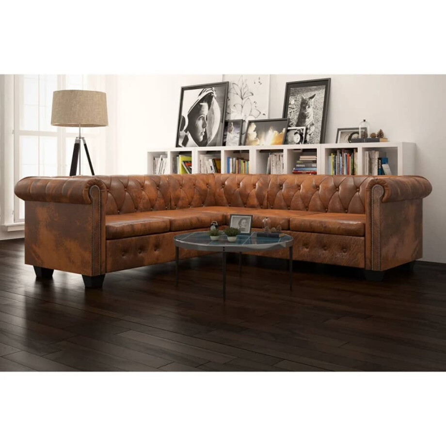 vidaXL Hoekbank 5-zits Chesterfield-stijl kunstleer bruin afbeelding 1