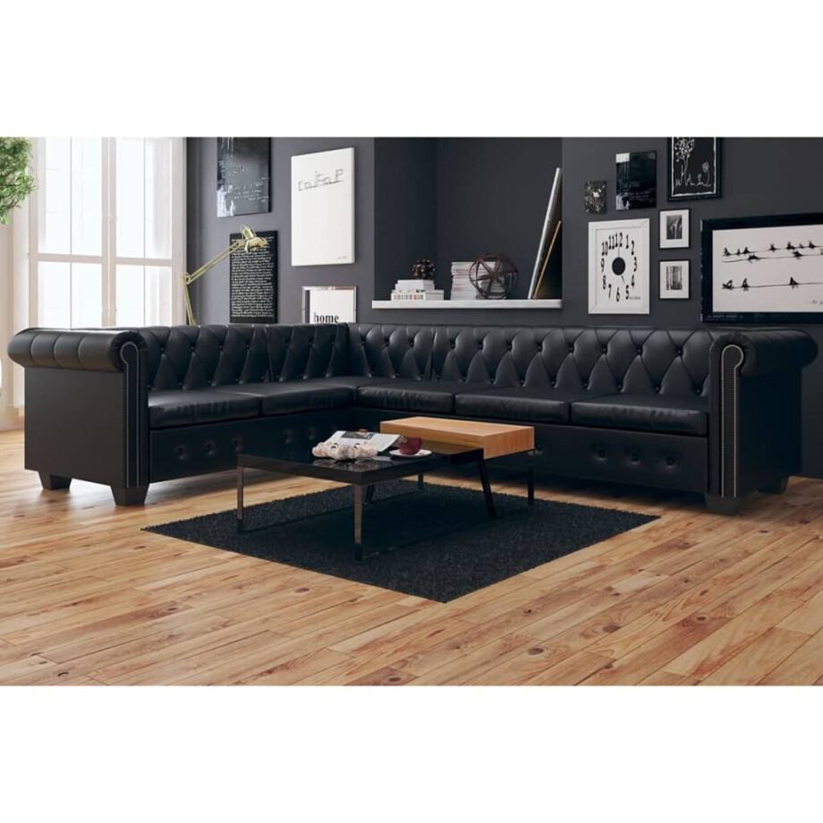 vidaXL Chesterfield hoekbank 6-zits kunstleer zwart afbeelding 1
