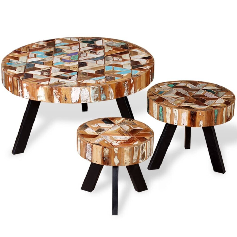 vidaXL 3-delige Salontafelset massief gerecycled hout vidaXL 3-delige Salontafelset massief gerecycled hout afbeelding 1