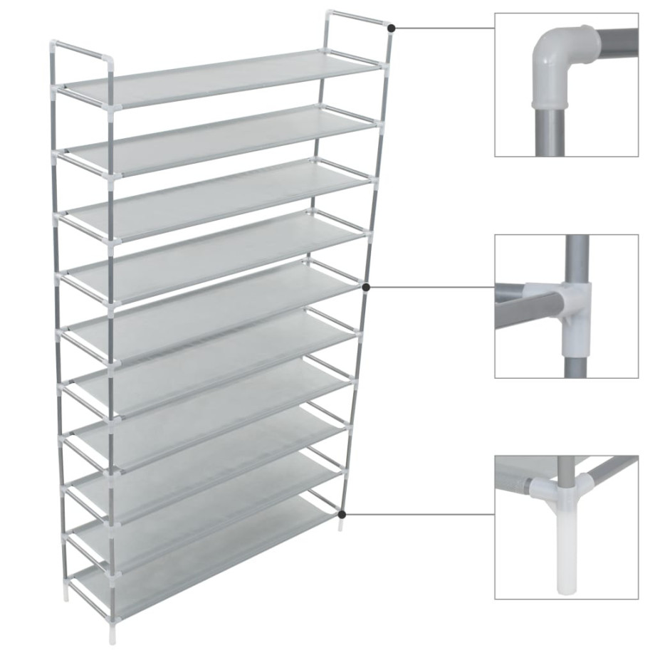 vidaXL Schoenenrek met 10 schappen metaal en nonwoven stof zilverkleur afbeelding 1