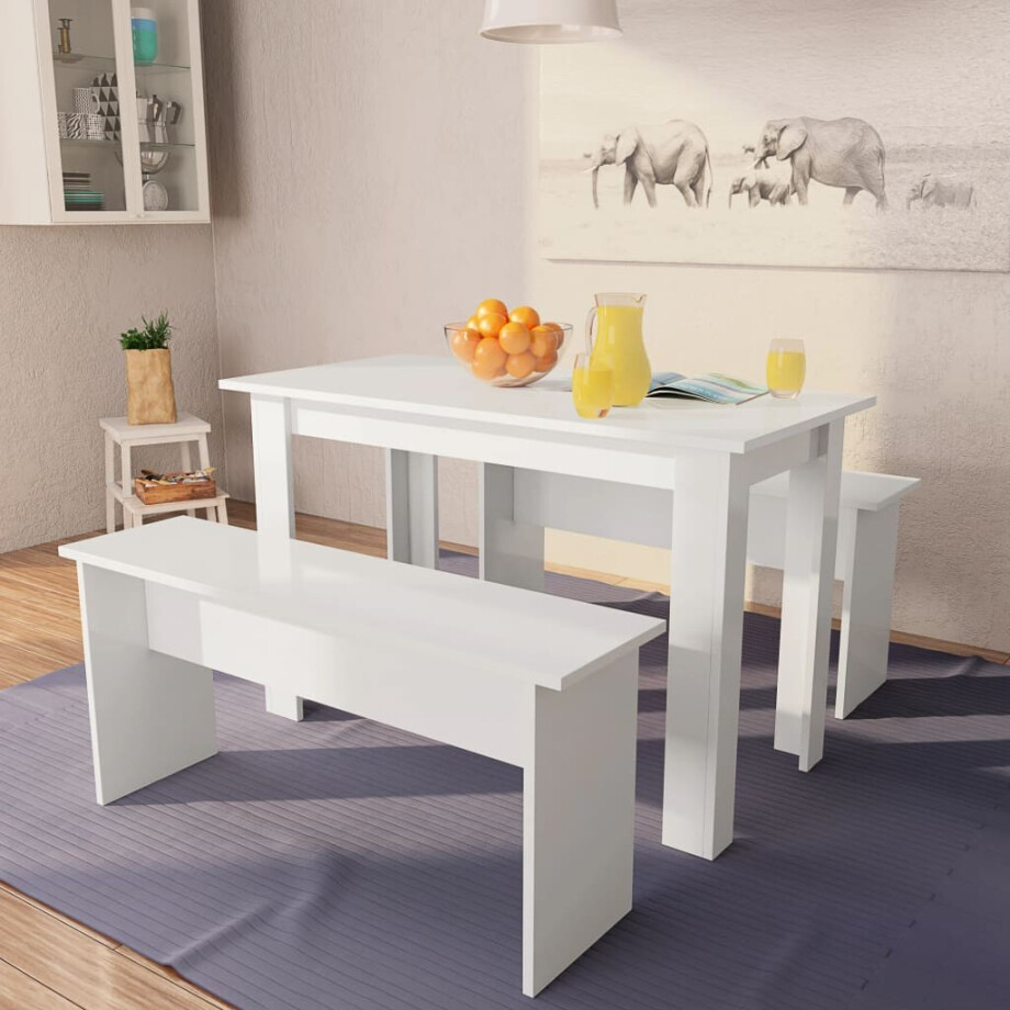 vidaXL Eettafel en banken 3 st bewerkt hout wit afbeelding 1