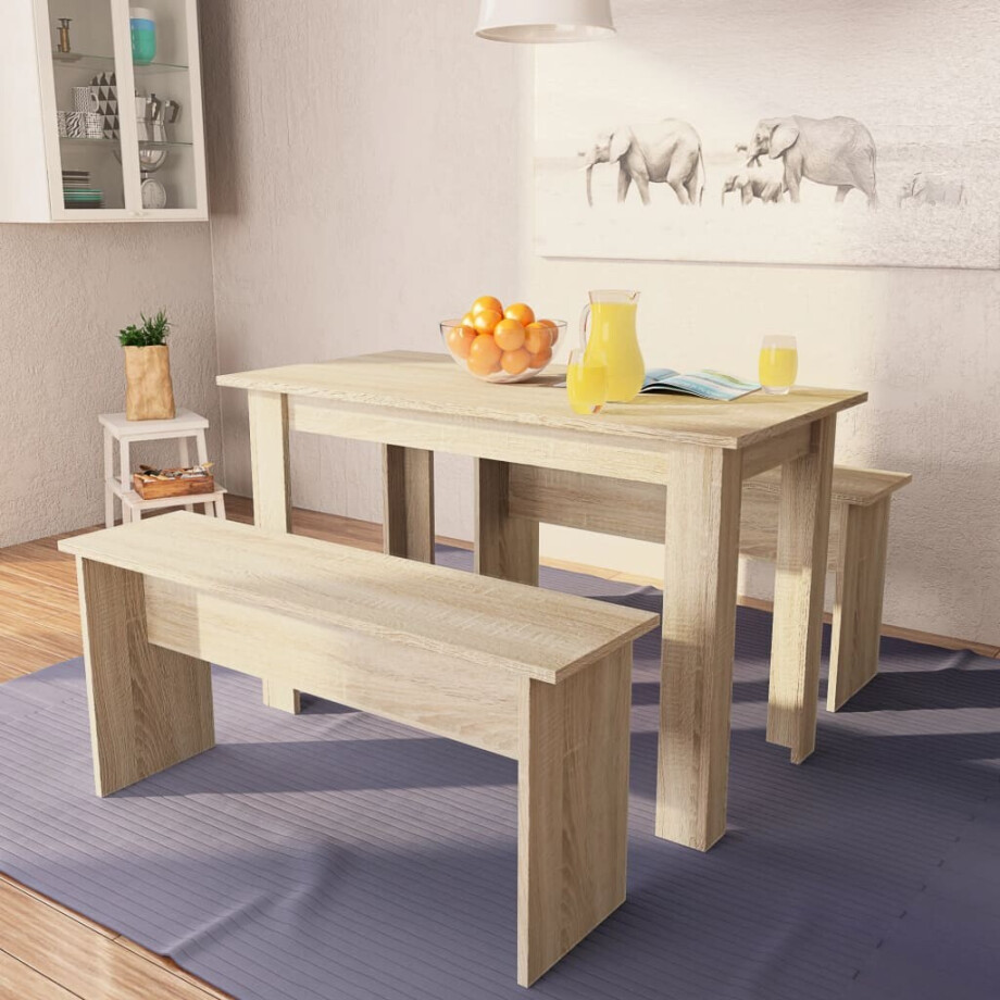 vidaXL Eettafel en banken 3 st bewerkt hout eikenkleurig afbeelding 1