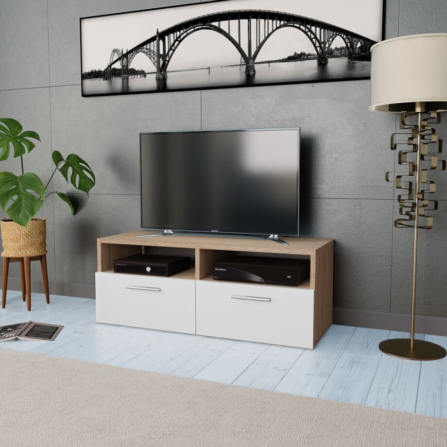 vidaXL Tv-meubel 95x35x36 cm bewerkt hout eikenkleurig en wit afbeelding 1