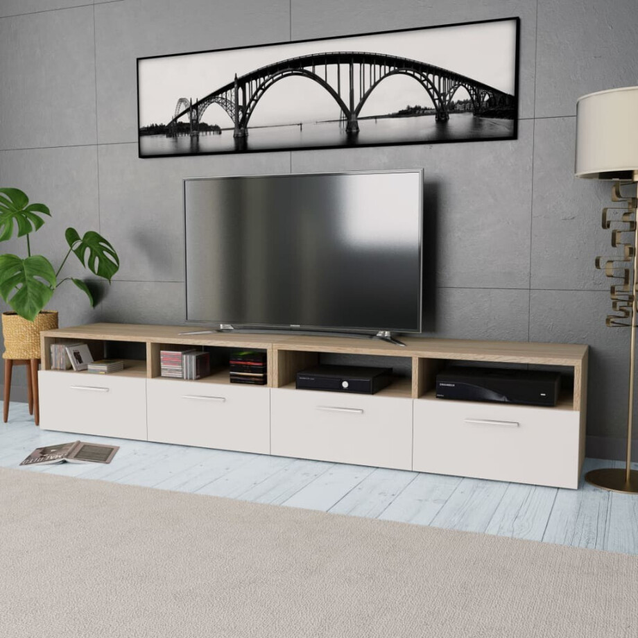 vidaXL Tv-meubels 2 st 95x35x36 cm bewerkt hout eikenkleurig en wit vidaXL Tv-meubels 2 st 95x35x36 cm bewerkt hout eikenkleurig en wit afbeelding 1