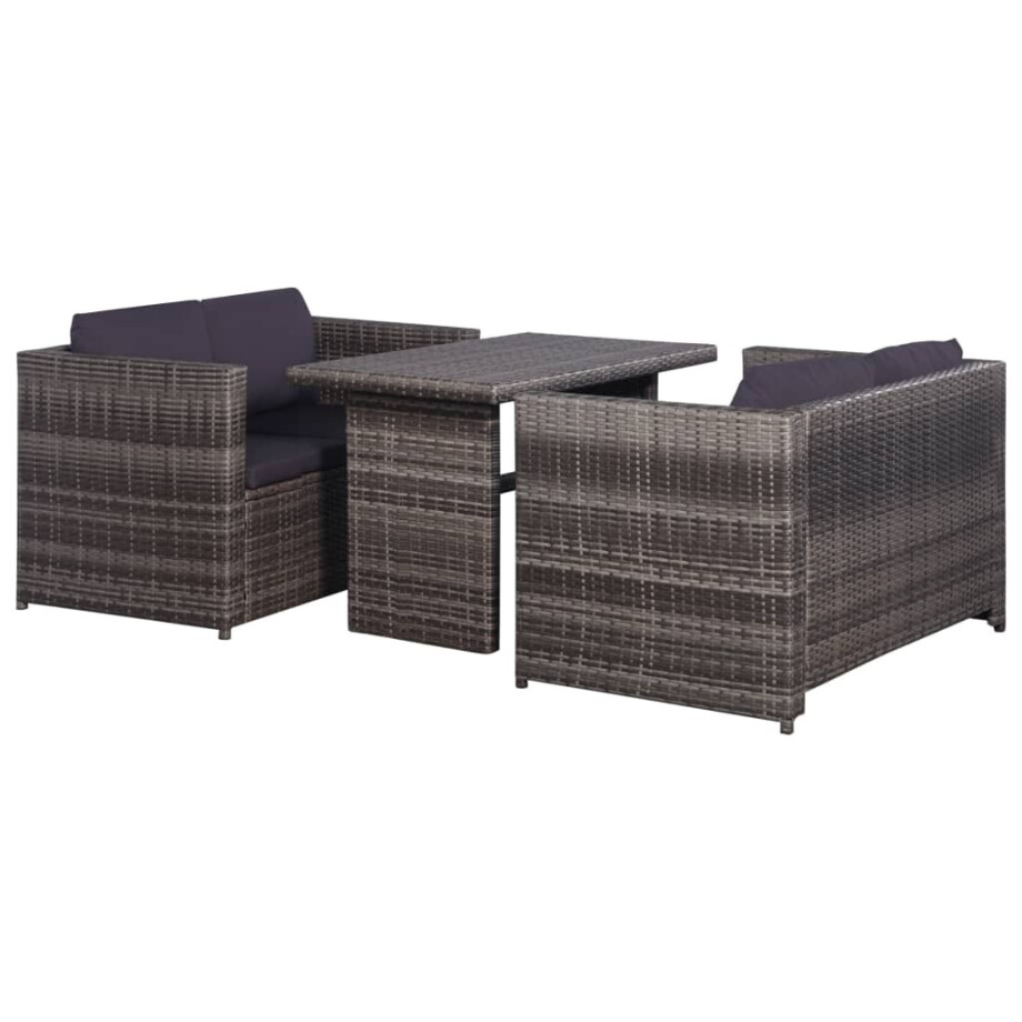 vidaXL 3-delige Bistroset met kussens poly rattan grijs vidaXL 3-delige Bistroset met kussens poly rattan grijs afbeelding 1