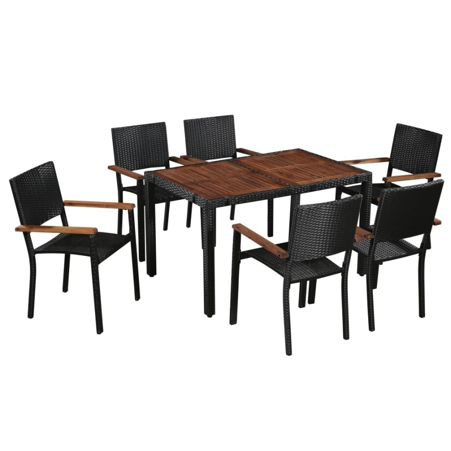 vidaXL 7-delige Tuinset poly rattan en acaciahout zwart afbeelding 1
