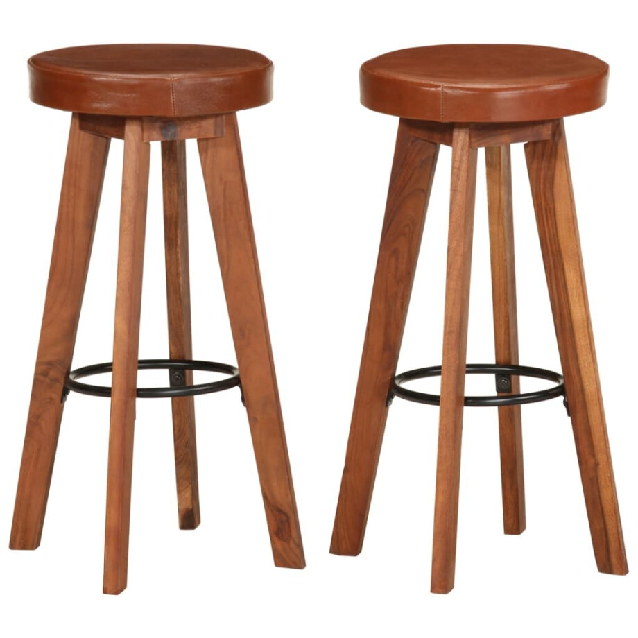 vidaXL Barstoelen 2 st echt leer en massief acaciahout vidaXL Barstoelen 2 st echt leer en massief acaciahout afbeelding 1