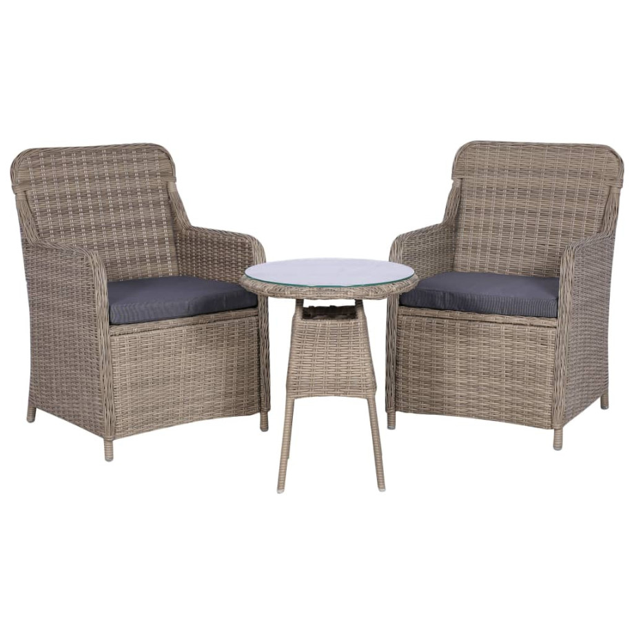 vidaXL 3-delige Bistroset met kussens poly rattan bruin afbeelding 1