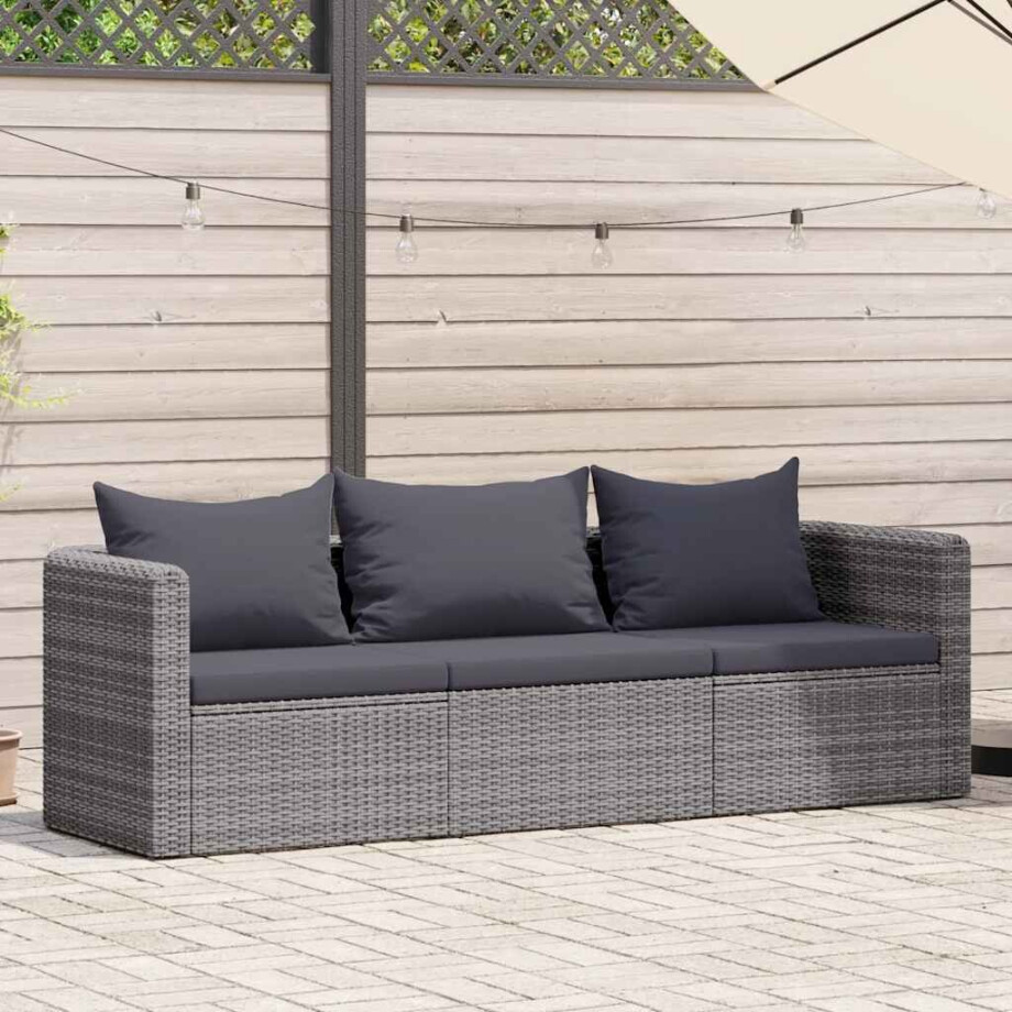 vidaXL 3-delige Loungeset met kussens poly rattan grijs afbeelding 1