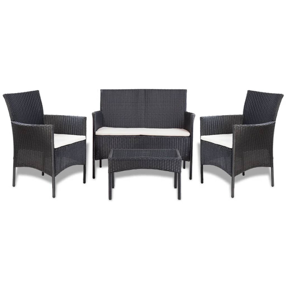 vidaXL 4-delige Loungeset met kussens poly rattan zwart vidaXL 4-delige Loungeset met kussens poly rattan zwart afbeelding 1