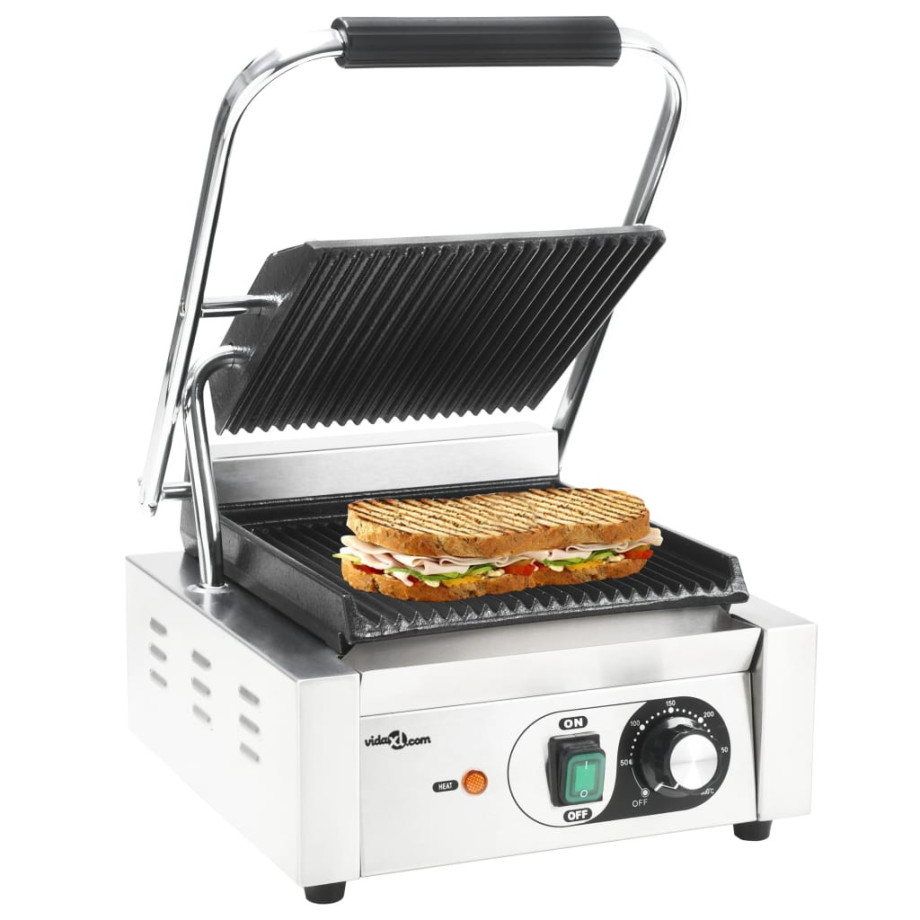 vidaXL Panini grill gegroefd 1800 W 31x30,5x20 cm roestvrij staal afbeelding 1