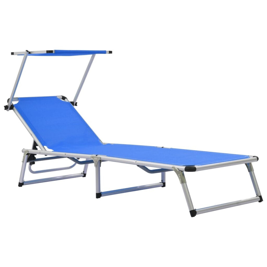 vidaXL Ligbed inklapbaar met dak aluminium en textileen blauw afbeelding 1