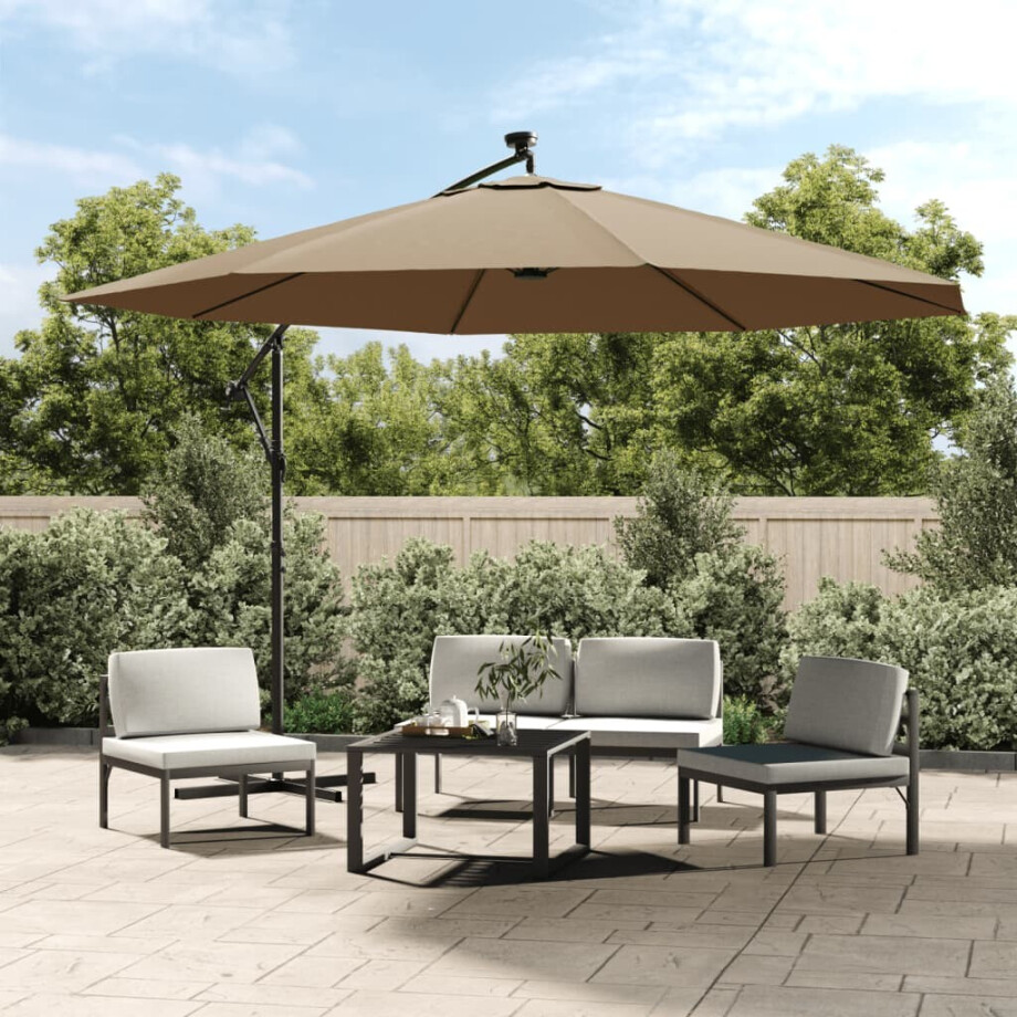 vidaXL Zweefparasol met LED-verlichting en metalen paal 350 cm taupe vidaXL Zweefparasol met LED-verlichting en metalen paal 350 cm taupe afbeelding 1