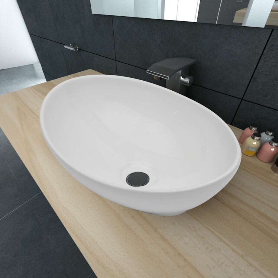 vidaXL Wastafel ovaal 40x33 cm keramiek wit afbeelding 1