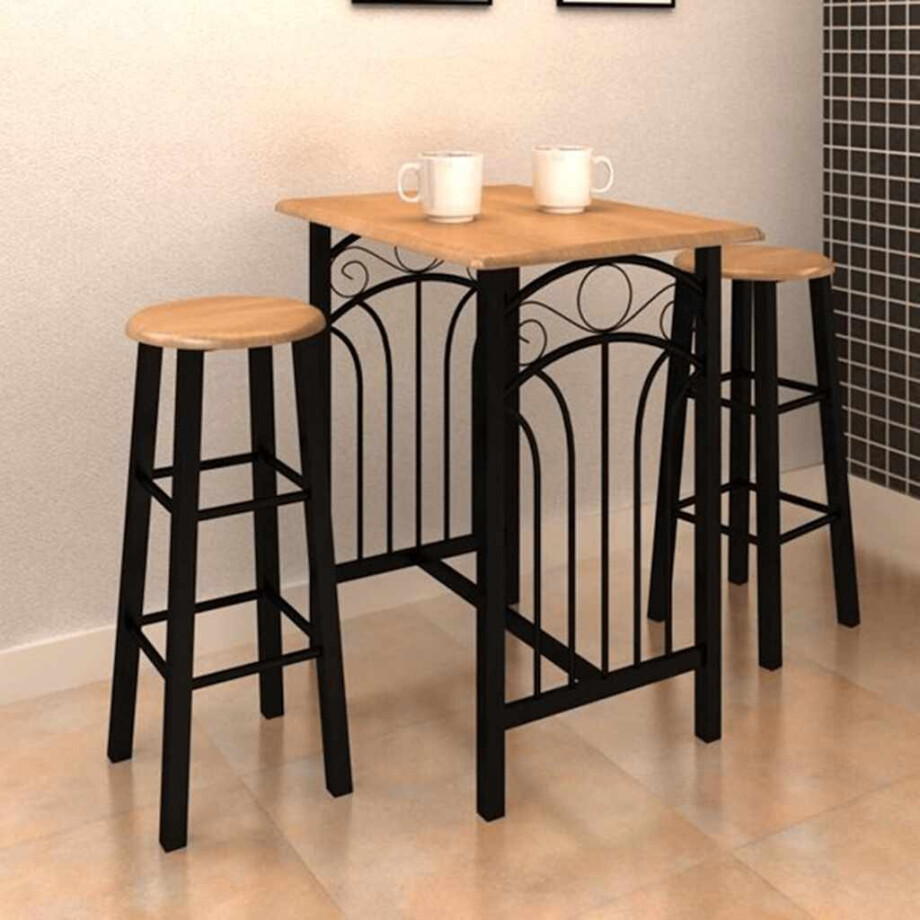 vidaXL 3-delige Bartafel en -krukkenset massief hout en staal vidaXL 3-delige Bartafel en -krukkenset massief hout en staal afbeelding 1
