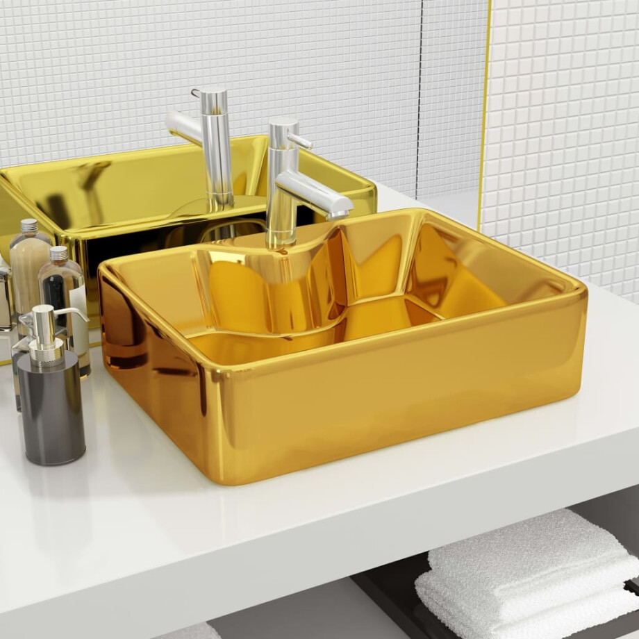 vidaXL Wastafel met kraangat 48x37x13,5 cm keramiek goudkleurig afbeelding 1