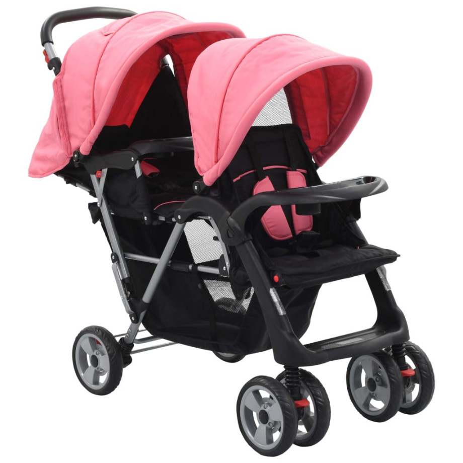 vidaXL Kinderwagen dubbel staal roze en zwart afbeelding 1