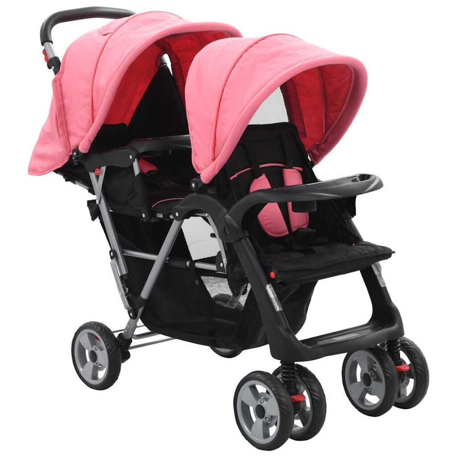 vidaXL Kinderwagen dubbel staal roze en zwart vidaXL Kinderwagen dubbel staal roze en zwart afbeelding 1