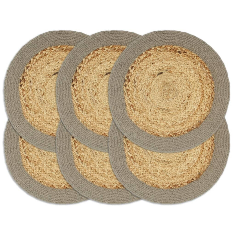 vidaXL Placemats 6 st 38 cm jute en katoen natuurlijk en grijs vidaXL Placemats 6 st 38 cm jute en katoen natuurlijk en grijs afbeelding 1