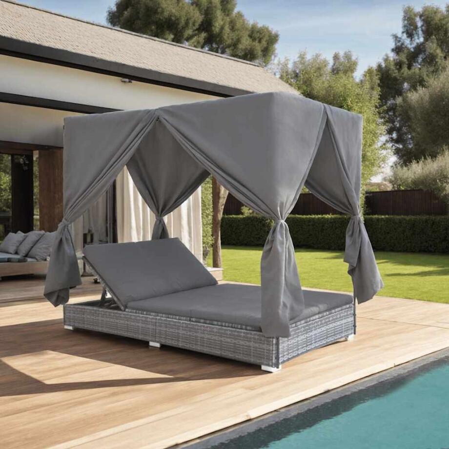 vidaXL Loungebed met gordijnen poly rattan grijs afbeelding 1