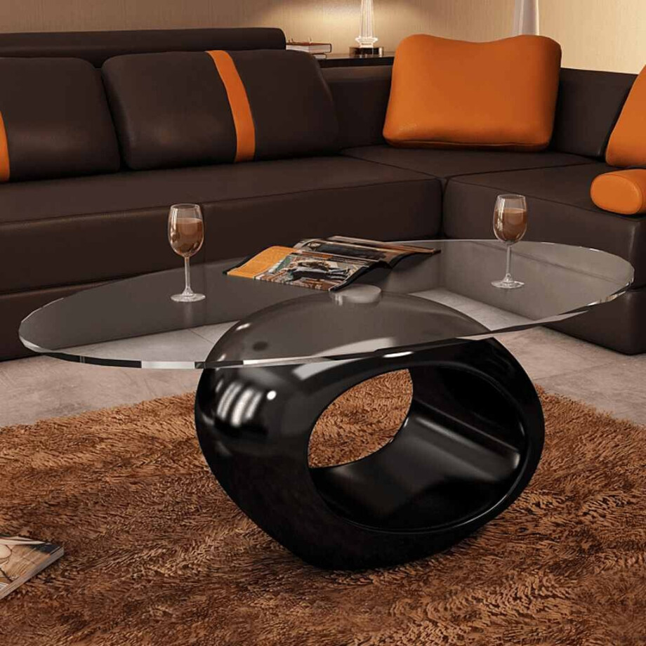 vidaXL Salontafel met ovale glazen tafelblad hoogglans zwart afbeelding 1