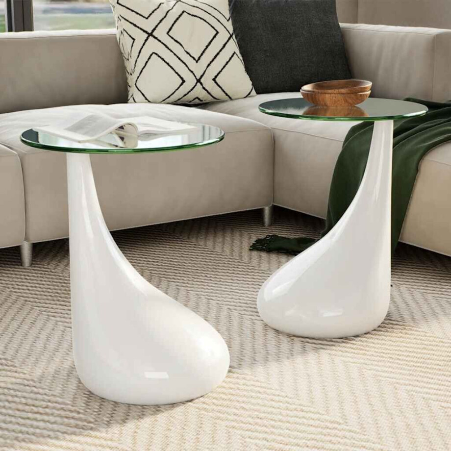 vidaXL Salontafel met rond glazen tafelblad hoogglans wit 2 st vidaXL Salontafel met rond glazen tafelblad hoogglans wit 2 st afbeelding 1