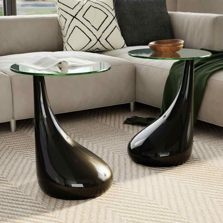 vidaXL Salontafel met rond glazen tafelblad hoogglans zwart 2 st afbeelding 1