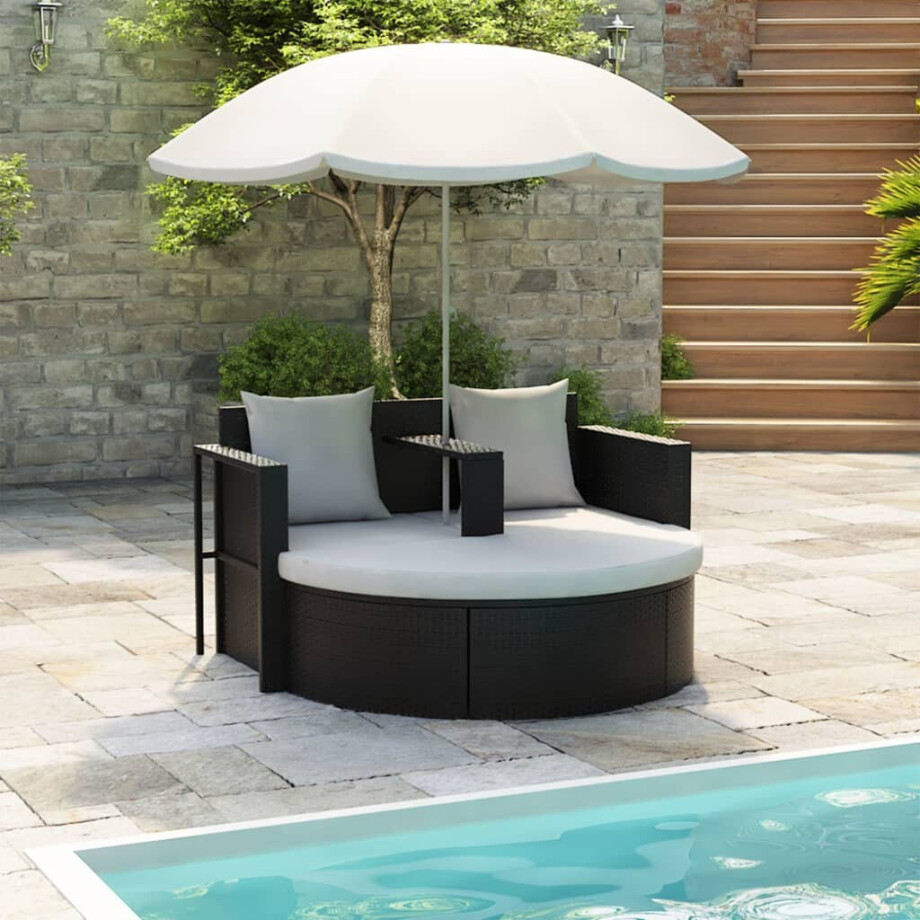 vidaXL Tuinbed met parasol poly rattan zwart afbeelding 1