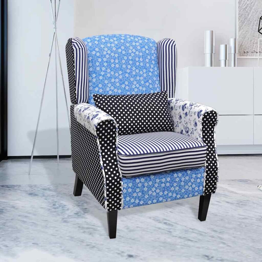 vidaXL Fauteuil met patchwork stof blauw/grijs afbeelding 1