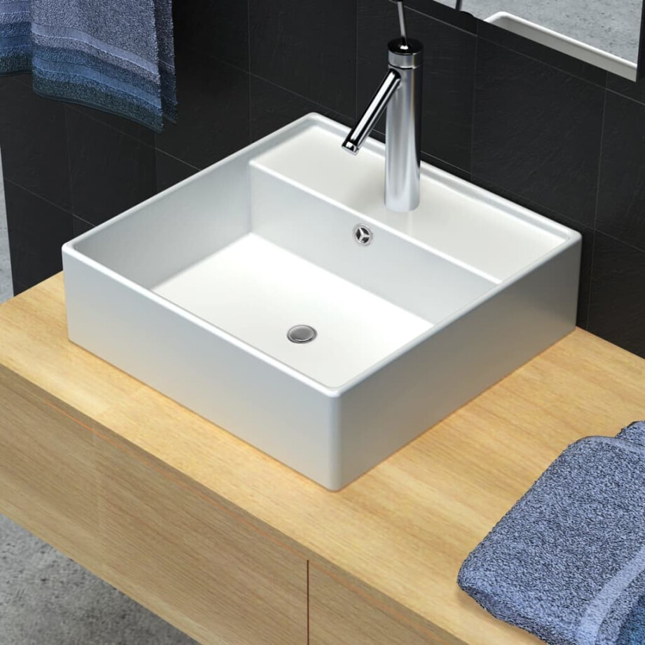 vidaXL Luxe wastafel met overloop en kraangat vierkant keramiek 41x41 cm afbeelding 1
