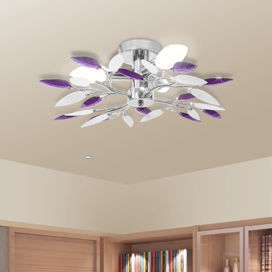 vidaXL Plafondlamp witte en paarse acryl kristal bladeren 3xE14 afbeelding 1