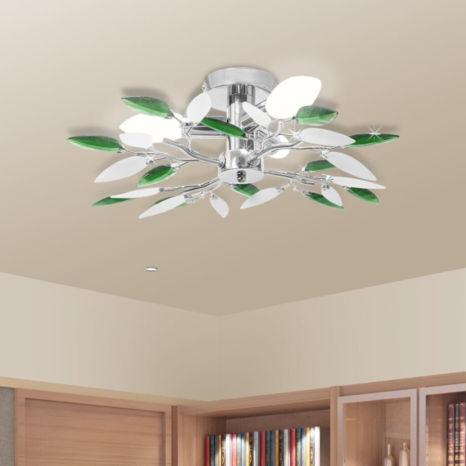 vidaXL Plafondlamp witte en groene acryl kristal bladeren 3xE14 afbeelding 1