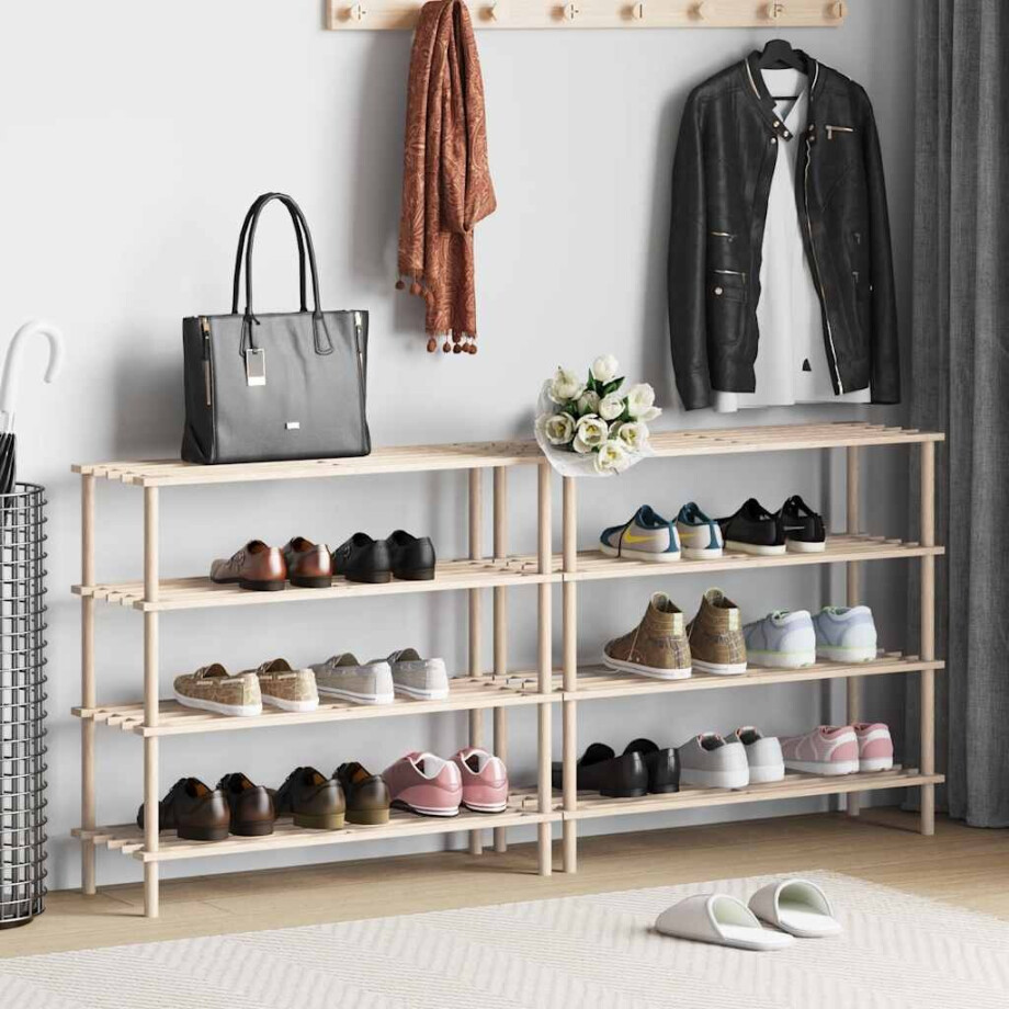 vidaXL Schoenenrekken met 4 schappen 2 st massief vurenhout afbeelding 1