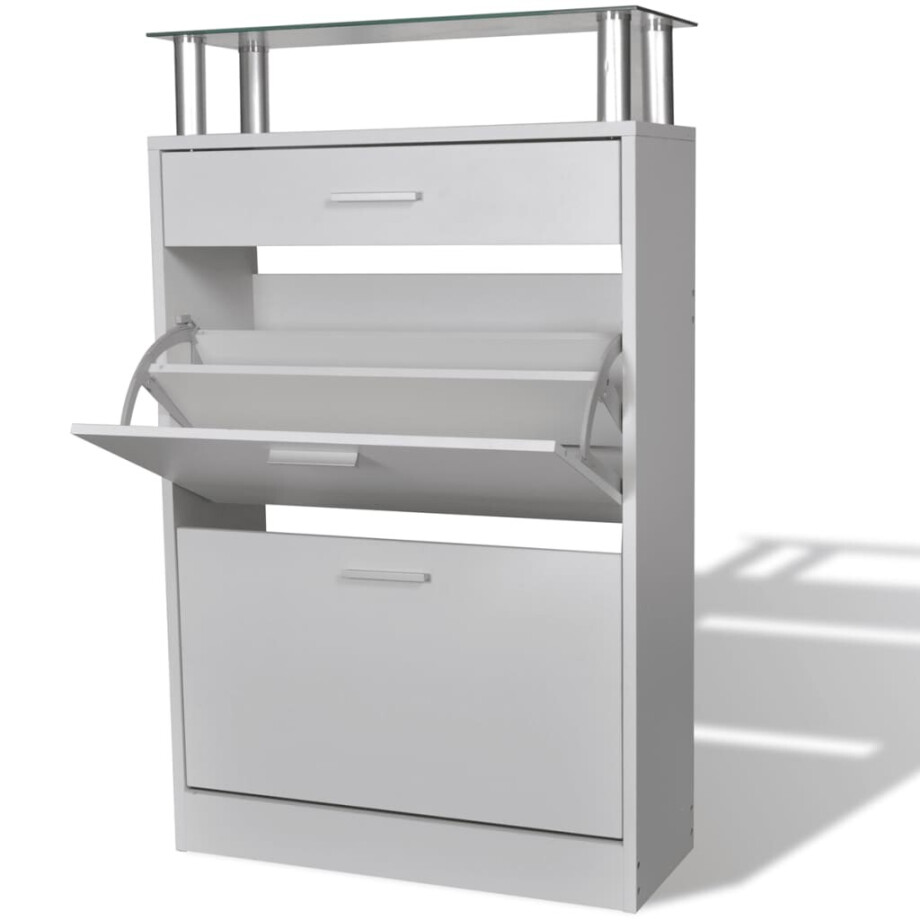 vidaXL Schoenenkast met lade en glazen schap wit hout afbeelding 1