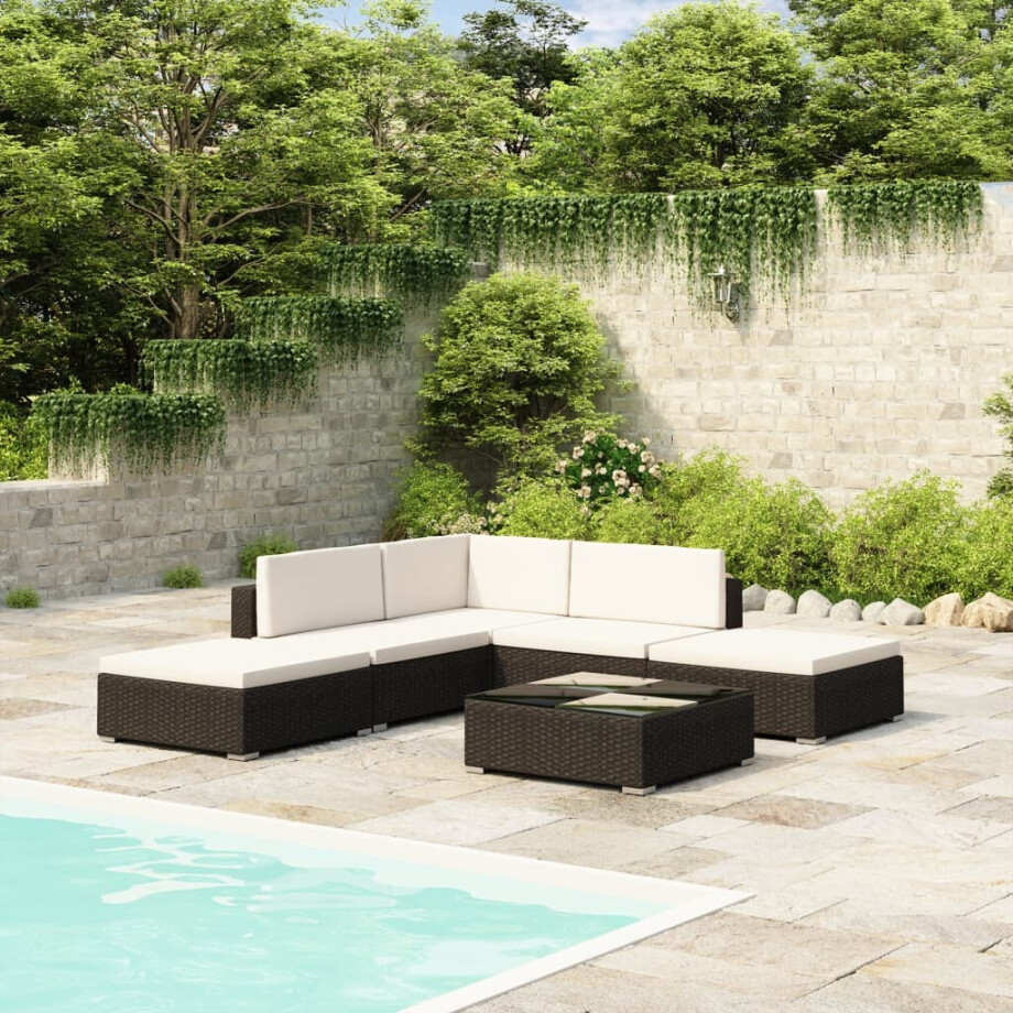 vidaXL 6-delige Loungeset met kussens poly rattan zwart vidaXL 6-delige Loungeset met kussens poly rattan zwart afbeelding 1