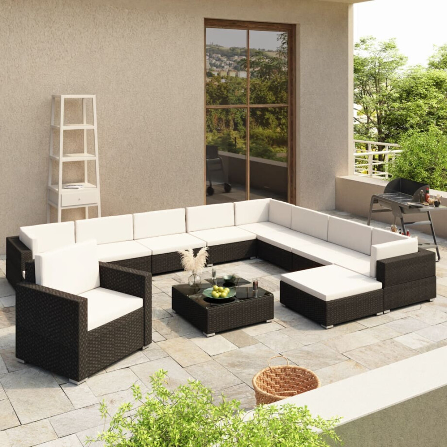 vidaXL 12-delige Loungeset met kussens poly rattan zwart vidaXL 12-delige Loungeset met kussens poly rattan zwart afbeelding 1