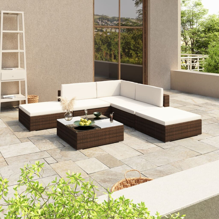 vidaXL 6-delige Loungeset met kussens poly rattan bruin vidaXL 6-delige Loungeset met kussens poly rattan bruin afbeelding 1