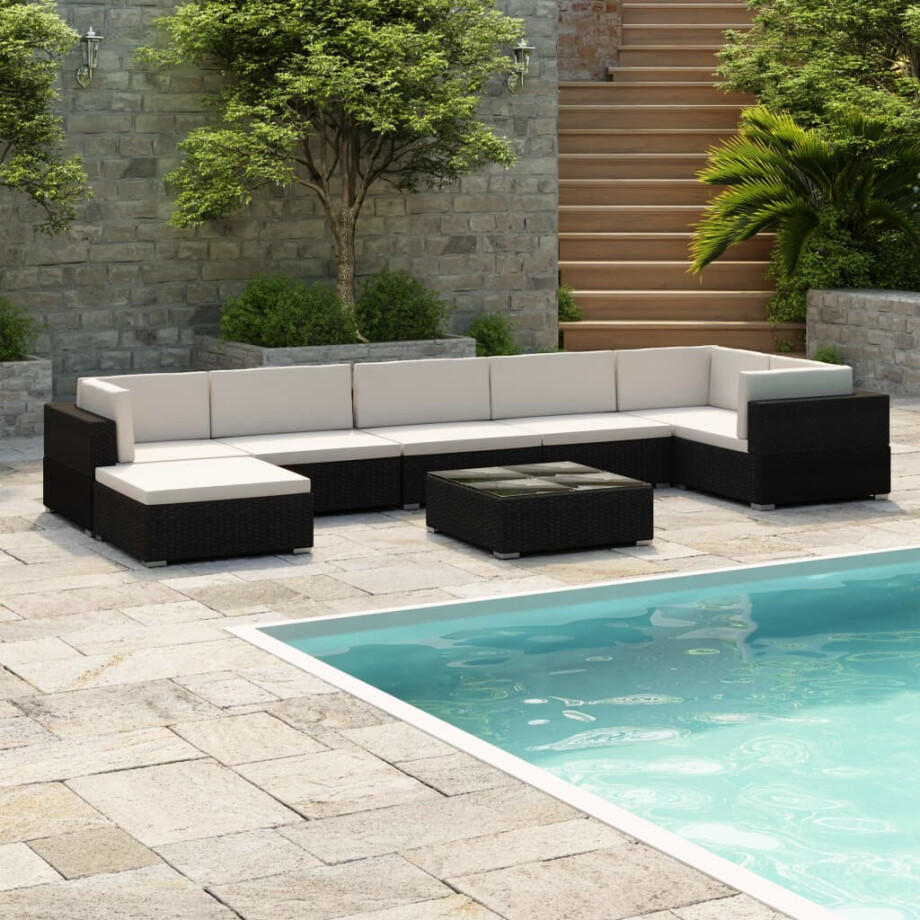 vidaXL 8-delige Loungeset met kussens poly rattan zwart afbeelding 1