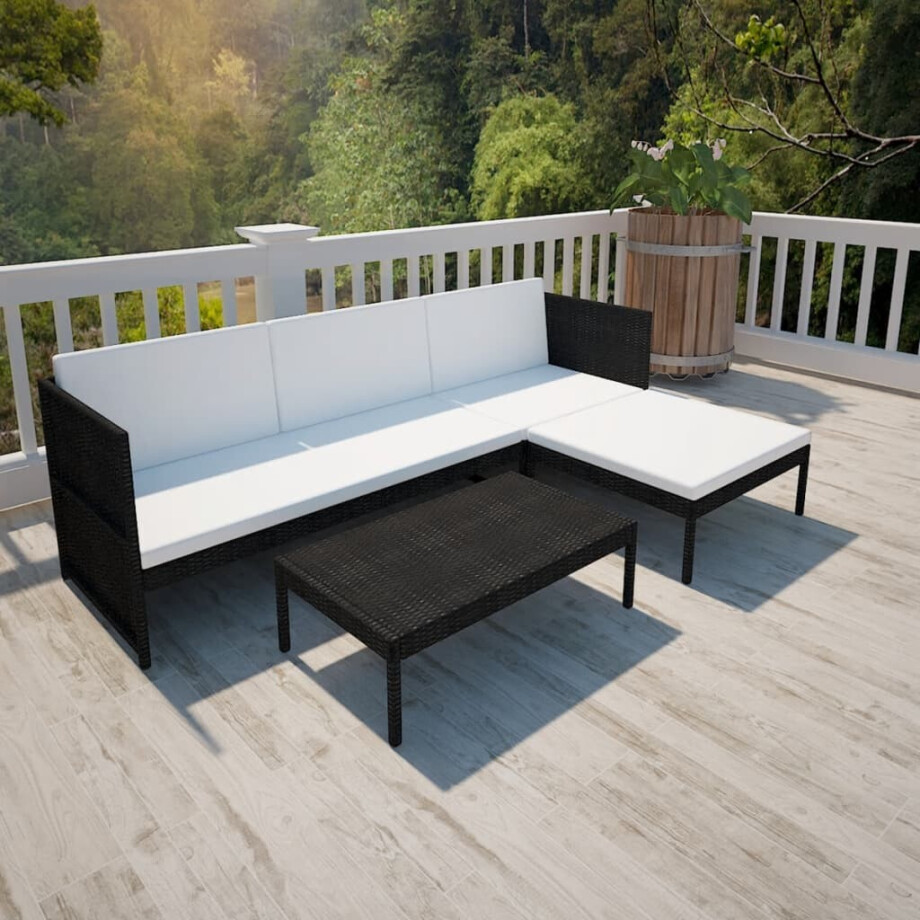 vidaXL 3-delige Loungeset met kussens poly rattan zwart afbeelding 1