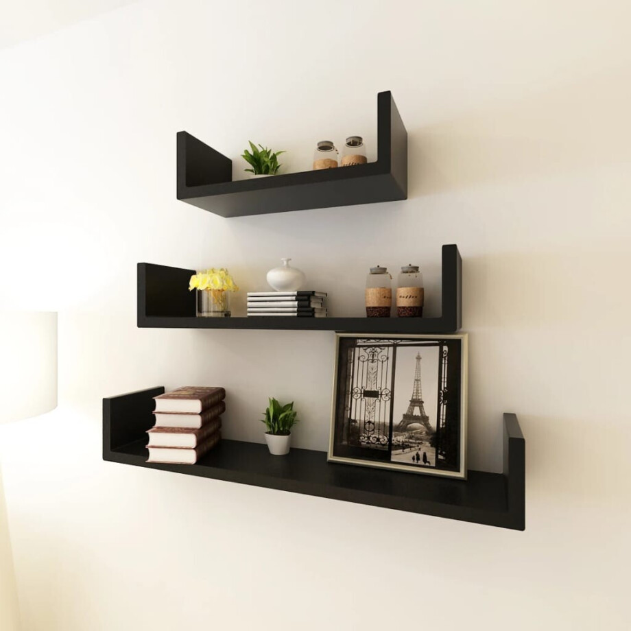 vidaXL 3 st Wandschappen U-vormig MDF zwart afbeelding 1